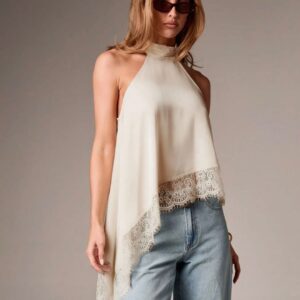 Home Halter Asymmetrical Satin Lace Top
