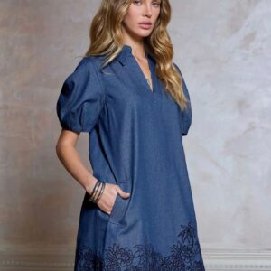 Home denim embroidered shift mini dress